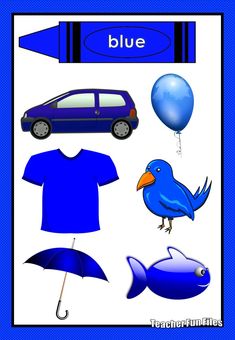 blue objects are arranged in the shape of a car, umbrella, fish, and balloon