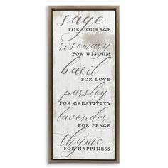 a wooden sign that says sage, love and happiness with the words for each word