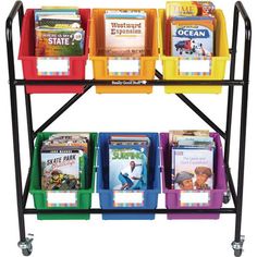 a multicolored book rack with books on it