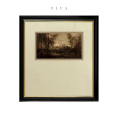 a painting hanging on the wall next to a white wall with a black framed frame