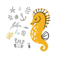 a sea horse and other marine animals are depicted in this hand - drawn doodle