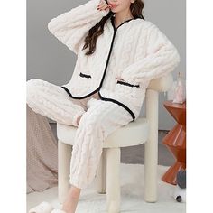 Season:Winter,Fall; Fabric:Polyester,Coral Fleece Coral Velvet; Sleeve Length:Long Sleeve,Long Pant; Gender:Women's; Quantity:2 Pieces; Nightwear Style:Loungewear,Sets; Style:Casual,Comfort,Fashion; Elasticity:Micro-elastic; Occasion:Daily,Going out,Street,Date; Age Group:Adults; Function:Warm; Pattern:Pure Color; Design:Buttons,Pocket; Neckline:V Wire; Bottom Type:Pant; Listing Date:07/17/2023; Hips:; Length:; Length [Bottom]:; Shoulder Width:; Bust:; Sleeve Length: Winter Home Outfit, Fleece Loungewear, Womens Loungewear Sets, Cozy Sleepwear, Warm Pajamas, Graduation Outfits, Winter Pajamas, Summer Concert, Matching Pajamas