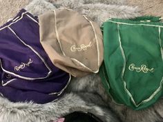 Large crown royal bags. 13 purple, 4 green, 1 tan. Crown Royal Bags, Crown Royal, Coin Purses, Purse Pouch, Coin Purse, Violet, Coin, Pouch, Crown