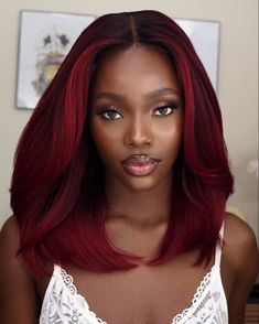 Middle Part Sew In Red Hair On Dark Skin Black Women, Red Hair Color Ideas For Black Women, Coloured Hair For Black Women, Hair Colour For Dark Skin Black Women, Dark Skin Woman With Colored Hair, Pretty Hair Color For Dark Skin Women, Short Hair Colours Ideas, Hair Color On Dark Skin Black Women, Red Haircut Black Women