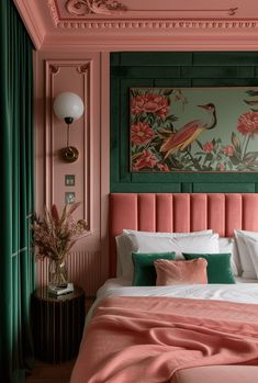 a bedroom with pink and green walls, white bedding, and a painting on the wall