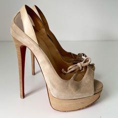 Made In Italy Good Pre-Owned Condition Soft And Comfortable Luxury Beige Synthetic Heels, Beige Slip-on Suede Heels, Vintage Cream Open Toe Heels, Beige Louboutin Heels, Beige Open Toe Slingback Pumps With 4-inch Heel, Pumps Shoes, Shoes Heels Pumps, Christian Louboutin Shoes, Pump Shoes