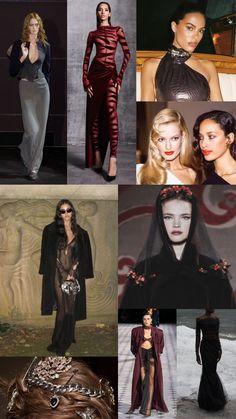 many different pictures of women in black and red outfits, with one woman's face on