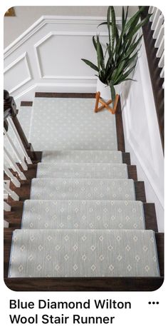 a carpeted stair runner with blue diamond written on the bottom and white rug below