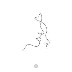 a line drawing of a woman's face with a hat on her head and long hair blowing in the wind