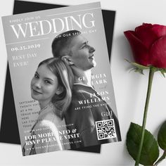 a red rose sitting next to a wedding magazine with a photo on it and the cover