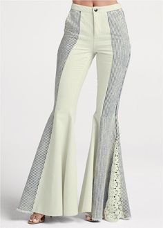 Crafted from authentic 100% cotton, our New Vintage Flare Jeans have a lived-in feel with non-stretch denim that gets more broken in with every wear. Dramatic with their wide flared legs, these railroad striped jeans put all eyes on you no matter where you're headed. The retro-inspired silhouette meets the feminine lace, finishing with frayed edges for casual-chic balance.  * 100% cotton  * Non-stretch fabric; size up one size for a more relaxed fit  * Available in plus size  * Mid rise  * 33” Inseam  * Lace detail at flared leg  * Railroad striping down side  * Zipper/button closure  * Side slit pockets  * Imported Vintage Flare Jeans, Statement Skirt, Vintage Flare, Striped Jeans, Work Wear Women, All Eyes, Fashion Sale, Online Fashion Stores, Swim Dress