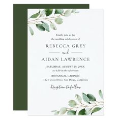 a wedding card with watercolor leaves on the front and bottom, in mint green