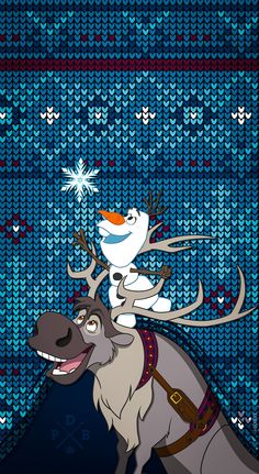 a cartoon character riding on the back of a reindeer in front of a blue background