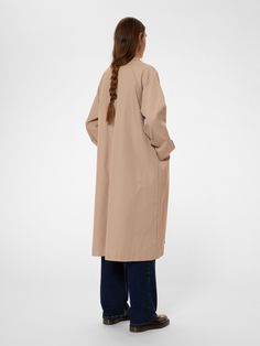 Ester Coat Beige Oversized Gabardine Outerwear With Pockets, Elegant Oversized Cotton Outerwear, Beige Long Sleeve Outerwear With Concealed Fastening, Fall Outerwear With Patch Pockets For Daywear, Fall Daywear Outerwear With Patch Pockets, Long Coat Outerwear With Pockets For Daywear, Long Coat With Pockets For Daywear, Notch Lapel Outerwear With Pockets For Daywear, Long Cotton Coat With Hidden Button Closure