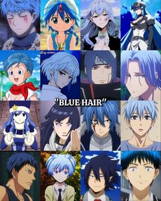 many different anime characters with blue hair