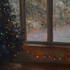 a painting of a christmas tree in front of a window with lights on the windowsill