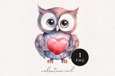 an owl holding a heart with the words valentine owl on it's chest, in front of a white background