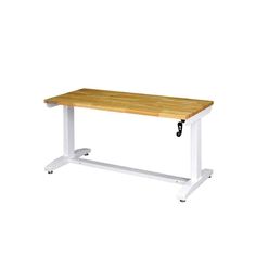 a white and wood desk with wheels on it