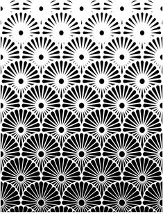 an intricate black and white pattern with circles, lines, and flowers on it's sides