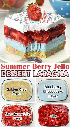 🍓🍰 Refresh your summer with this delicious and colorful Summer Berry Jello Lasagna! Layers of creamy cheesecake, vibrant berry Jello, and a crunchy graham cracker crust make this no-bake dessert a perfect treat for hot days. Easy to make and bursting with berry flavors, it's a showstopper for any gathering. Click for the full recipe! #SummerDesserts #BerryRecipes #JelloLasagna #NoBake #DessertLovers #EasyRecipes Summer Berry Jello Lasagna, No Bake Strawberry Cheesecake Cookie Lasagna, Berry Lasagna Dessert, Cool Dishes For Hot Days, 4th Of July No Bake Cheesecake Cups, Hot Summer Desserts, Lasagna Cake Recipe, Easy Layer Desserts, 4th Of July No Bake Cheesecake