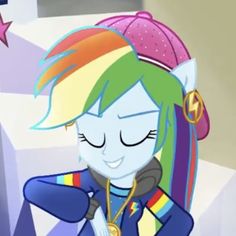 an image of a cartoon character with rainbow hair and a star on his head, holding her hand to her ear