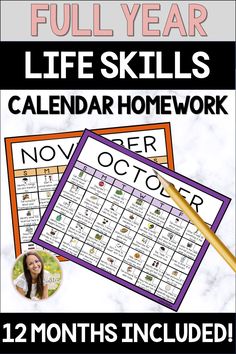 a calendar with the words, full year life skills and an image of a woman holding a