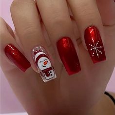 24pcs Glossy Medium Square Fake Nails, Gorgeous Red Glitter Press On Nails With Snowman Snowflake Deisgn, Cute False Nails For Nail Decoration Flag Nails, Nail Type, Coffin Press On Nails, Blue Nail, Xmas Nails, Stick On Nails, Christmas Nail Art