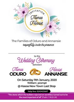 the wedding ceremony flyer is shown with two rings and flowers in purple, yellow and white