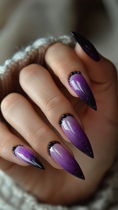 Purple Nails Goth Gel Nails, Purple Nails Ideas, Witch Nails, Witchy Nails, Purple Acrylic Nails, Pointy Nails, Stunning Nail Designs, October Nails, Gothic Nails