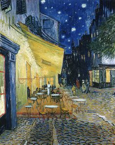 a painting of people sitting at tables in an alleyway with the night sky above them