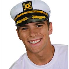 This Adjustable Adult Sailor Hat Is Brand New And Perfect For A Sailor Costume For Halloween. It Is White And Navy With Gold Details And Has An Adjustable Strap In The Back. Make Me An Offer Or Ask Me Any Questions! Fast Shipper! Get In Time For Halloween Captain's Hat, Egg Costume, Sailor Costume, Ny Hat, Life Preserver, Sailor Hat, Yacht Boat, White Caps, Us Marine