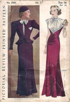 Evening attire 1930s Clothes, 1940s Gown, Vintage Sketches, Vintage Clothes Patterns, 1930's Dresses, 1930 Fashion