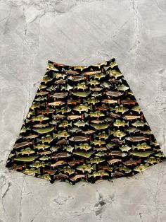 a flat lay of a line skirts in our fish print Quirky Fashion Vintage, Clowncore Skirts, Weirdcore Skirt, Cheap Retro Multicolor Mini Skirt, Vintage Multicolor Lined Skirt, Quirky Clothing, Vintage Red Floral Print Skirt, Waist Length, Quirky Fashion