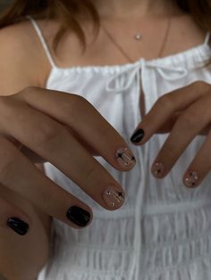 Black Manicure With Design, Nub Nail Designs, Valentine’s Gel Nails, Nail Designs Small Nails, Mixed French Manicure, Old Fashion Nails, Short Natural Nails Black, Short Nail Designs Minimal Black, Plain Nails With Design