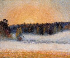 a painting of trees in the distance with snow on ground and orange sky behind them