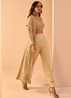 Golden Beige Embroidered Crop Jacket Set – Lashkaraa Kurtis Tops, Net Embroidery, Beige Jacket, Fashion App, Embroidered Jacket, Pant Set, Crop Jacket, Set For Women, Embroidery Thread