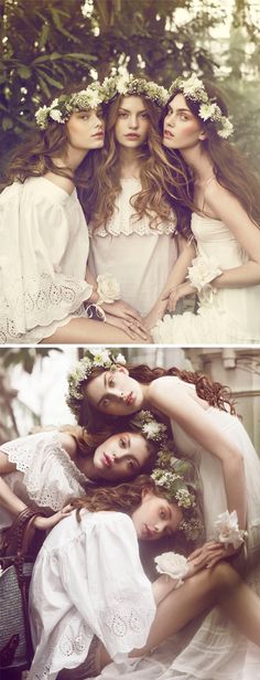 three beautiful women with flowers in their hair posing for the camera and wearing white dresses