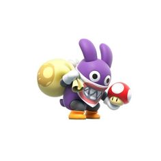 an action figure holding a mushroom on top of it's back legs and wearing a purple outfit