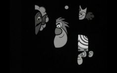 cartoon characters are depicted in the dark with black and white lighting from behind them,