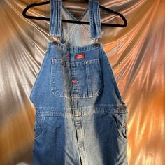 Vintage Bespoke Xl Dickies Overalls. Local Artist Added Crazy Cool Leather. Pics Show Wear Stain And Holes 122 Vintage Dark Wash Shortalls With Pockets, Vintage Blue Overalls For Workwear, Vintage Blue Fitted Overalls, Dickies Overalls, Vintage Blue Shortalls, Vintage Dark Wash Bib Front Overalls, Local Artists, Overalls, Bespoke