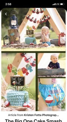 a collage of photos with a baby in diapers on the grass and an teepee tent