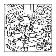 hello kitty christmas coloring pages for kids to print out and color on the table with presents