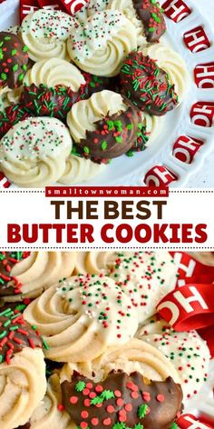 the best butter cookies with white chocolate and sprinkles are on a plate