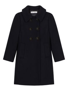 black wool spread collar double-breasted button fastening logo-engraved buttons two side welt pockets long sleeves buttoned cuffs full lining Wool Coat Black, Wool Overcoat, Dolce And Gabbana Kids, Short Coat Jackets, Coats Jackets Women, Stella Mccartney Kids, Suits Coats, Metal Buttons, Shirt Collar