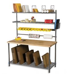 a metal shelving unit with various items on the top and bottom shelves, holding supplies