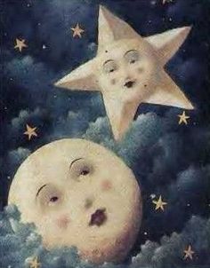 two stars and a moon in the night sky with clouds, one has its eyes closed