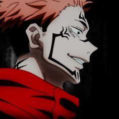 an anime character with red hair and black eyes looking to his left in the dark