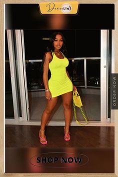 Women Summer Clothes Solid Color Sexy Sleeveless Night Clubwear Tight Fitted Vest Bodycon Mini Dress Yellow Sleeveless Bodycon Dress For Date Night, Sleeveless Yellow Bodycon Dress For Night Out, V-neck Bodycon Sleeveless Dress For Club, Trendy Yellow Club Dress, Party-ready Sleeveless Club Mini Dress, Fitted Yellow Mini Dress For Club, Bodycon Sleeveless V-neck Club Dress, Fitted Vest, Bodycon Mini Dress