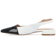 The Bertie low-block heel flats from Journee Collection will be the perfect shoe to take you from the office to a nice evening out to dinner. Their luxe vegan patent leather padded footbed sling back strap buckled ankle strap two-tone design and pointed toe will give you that classy yet casual look to compliment your outfit. To keep it simple their pull-on closure will make them easy to slip on and off as you rush to your next event. Formal Flat Heel Slingback Sandals, Chic Evening Flats With Block Heel, Formal Flat Heel Slingback Pumps, Chic Flat Heels With Contrasting Heel Counter, Chic Block Heel Flats For Office, Chic Office Flats With Block Heel, Elegant Open Toe Flats For Work, Flat Heel Slingback Pumps For Office, Elegant Flat Slingback Pumps For Office