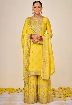 Embroidered Chinon Chiffon Pakistani Suit in Yellow : KCH10098 Luxury Yellow Unstitched Suit For Festive Season, Luxury Yellow Chikankari Lawn Suit, Luxury Yellow Bollywood Unstitched Suit, Luxury Festive Yellow Lawn Suit, Luxury Yellow Long Sleeve Salwar Kameez, Luxury Yellow Silk Lawn Suit, Kurta Skirt, Sharara Pants